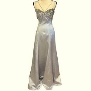 Paula Varsalona Silver Satin Crepe Beaded Sequin Dress